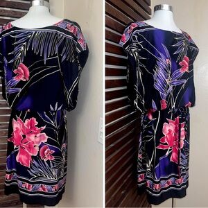 1970s 1980s 70s 80s Vintage Black Purple Pink Floral Tie Waist Disco Dress